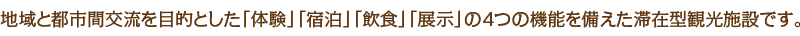 地域と都市間交流を目的とした「体験」「宿泊」「飲食」「展示」の4つの機能を備えた滞在型観光施設です。